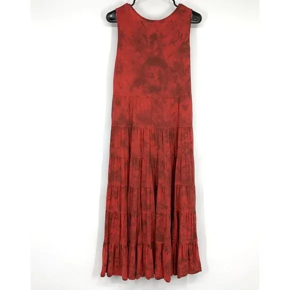 Reba Dress Red Tie Dye V Neck Sleeveless Midi Tiered Ruffle Boho - Picture 6 of 8